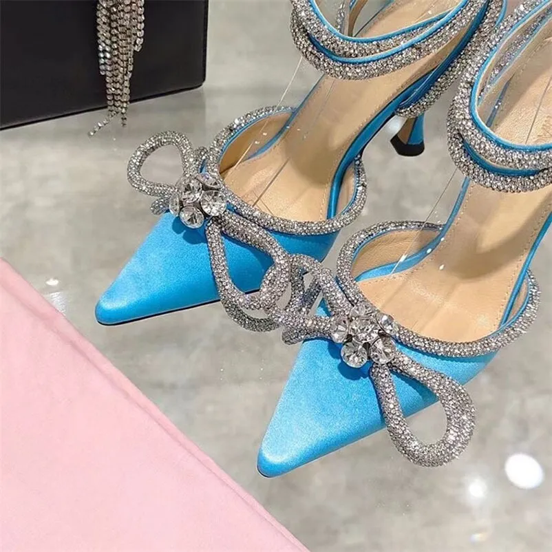 2022 Women 9cm High Heels Sandals Lady Crystal Glitter Satin Silk Sandles Summer Wedding Bridal Designer Transparent Pink Shoes
