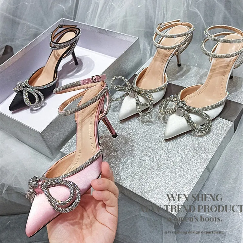 2022 Women 9cm High Heels Sandals Lady Crystal Glitter Satin Silk Sandles Summer Wedding Bridal Designer Transparent Pink Shoes