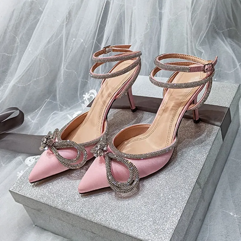 2022 Women 9cm High Heels Sandals Lady Crystal Glitter Satin Silk Sandles Summer Wedding Bridal Designer Transparent Pink Shoes
