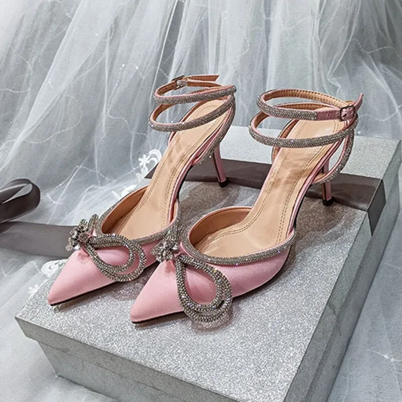 2022 Women 9cm High Heels Sandals Lady Crystal Glitter Satin Silk Sandles Summer Wedding Bridal Designer Transparent Pink Shoes