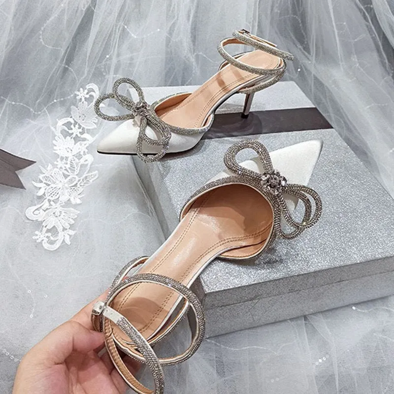 2022 Women 9cm High Heels Sandals Lady Crystal Glitter Satin Silk Sandles Summer Wedding Bridal Designer Transparent Pink Shoes