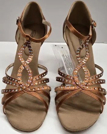 2.75" Harriet -- Women's Flare Heel Latin Sandal -- Dark Tan Satin