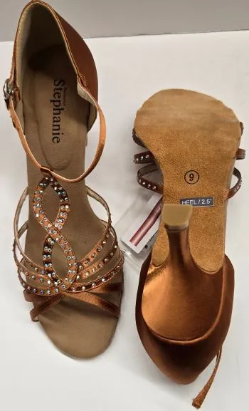 2.75" Harriet -- Women's Flare Heel Latin Sandal -- Dark Tan Satin