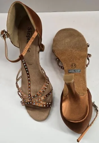 2.75" Norma -- Women's Flare Heel Latin Sandal -- Dark Tan Satin