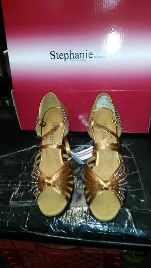 3.5" Aurora -- Women's Gold Flare Heel Latin Sandal -- Dark Tan Satin
