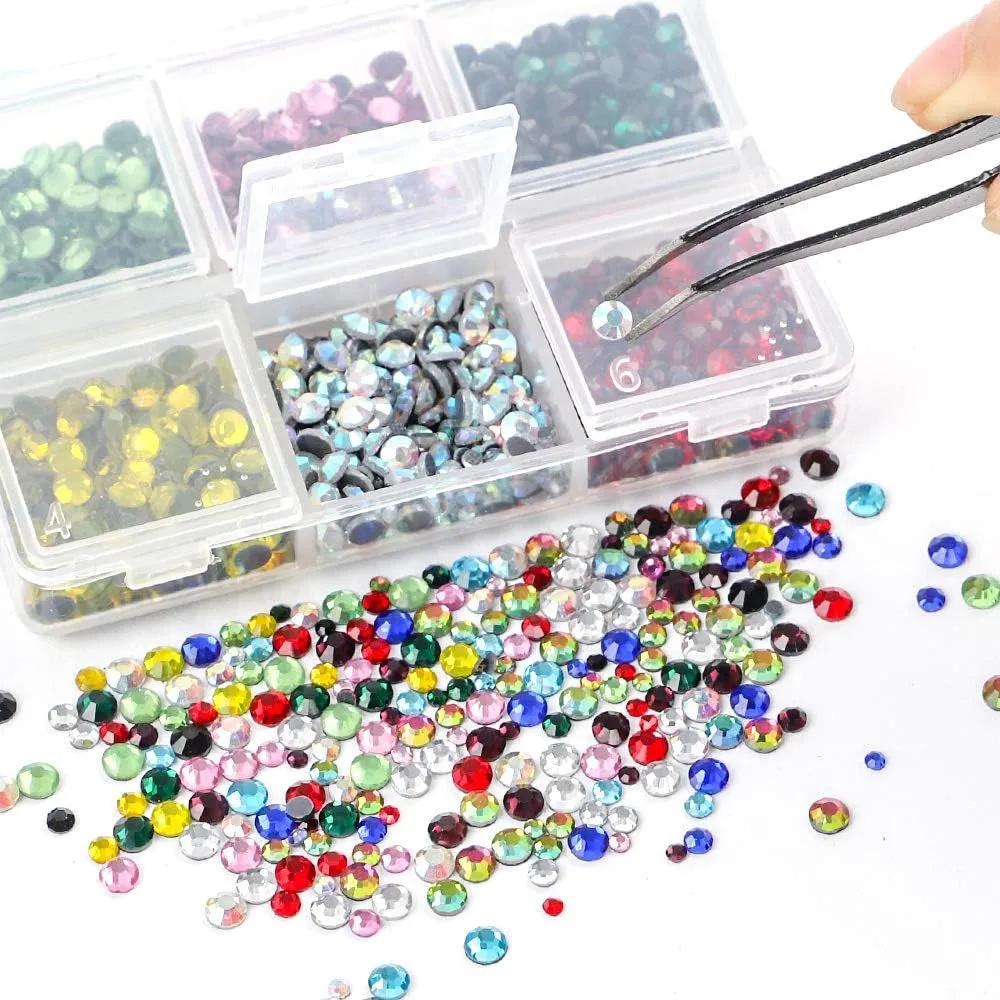 5400Pcs Multicolor Rhinestones 12 Mixed Color Hotfix Rhinestones Flatback Gemstones and Crystals for Halloween Costume Accessories, Crafts with Tweezers and 2 Picking Pens