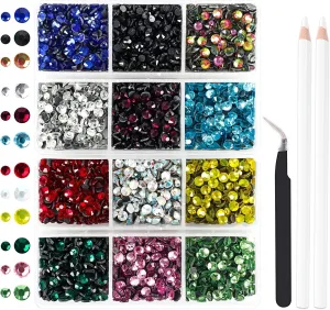 5400Pcs Multicolor Rhinestones 12 Mixed Color Hotfix Rhinestones Flatback Gemstones and Crystals for Halloween Costume Accessories, Crafts with Tweezers and 2 Picking Pens
