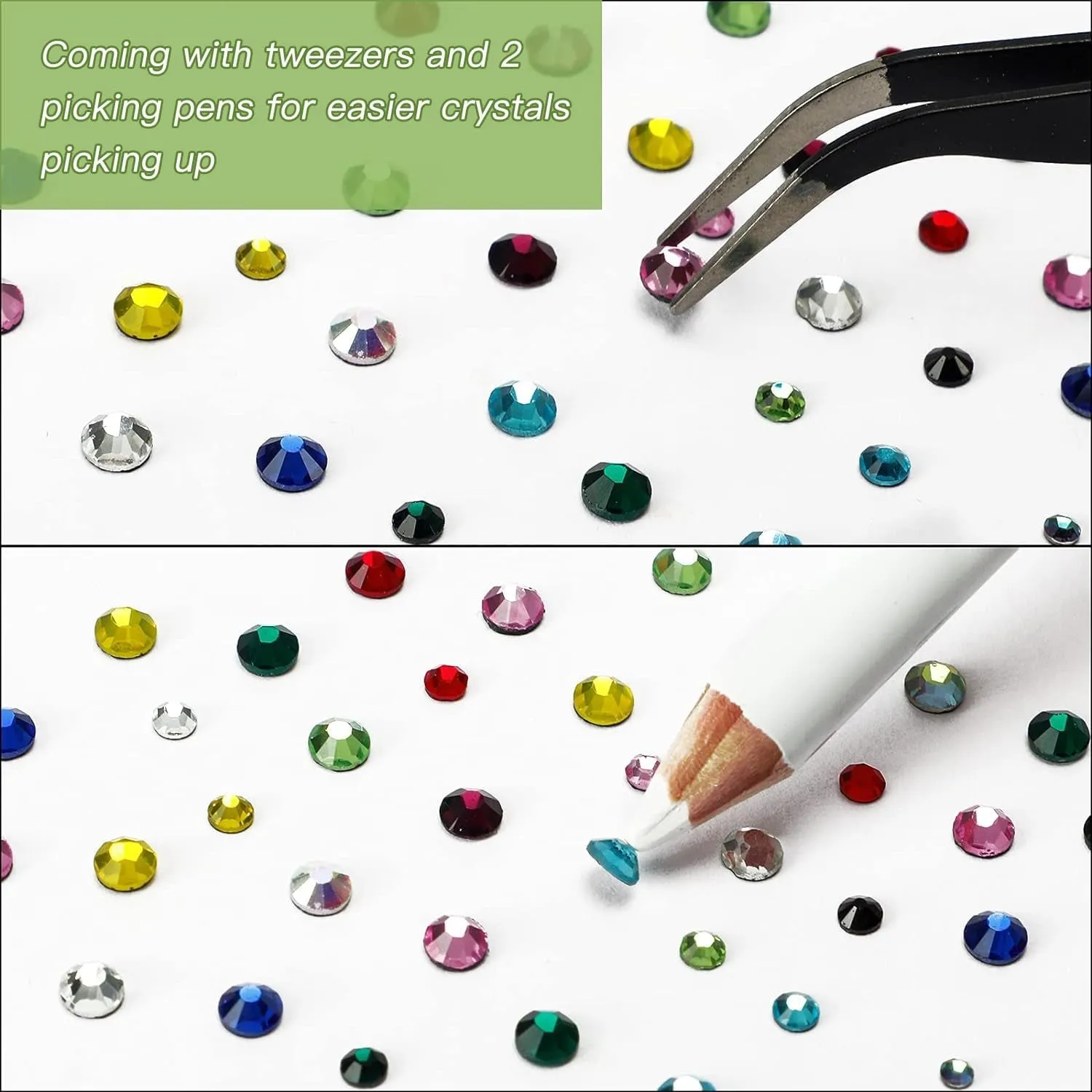 5400Pcs Multicolor Rhinestones 12 Mixed Color Hotfix Rhinestones Flatback Gemstones and Crystals for Halloween Costume Accessories, Crafts with Tweezers and 2 Picking Pens