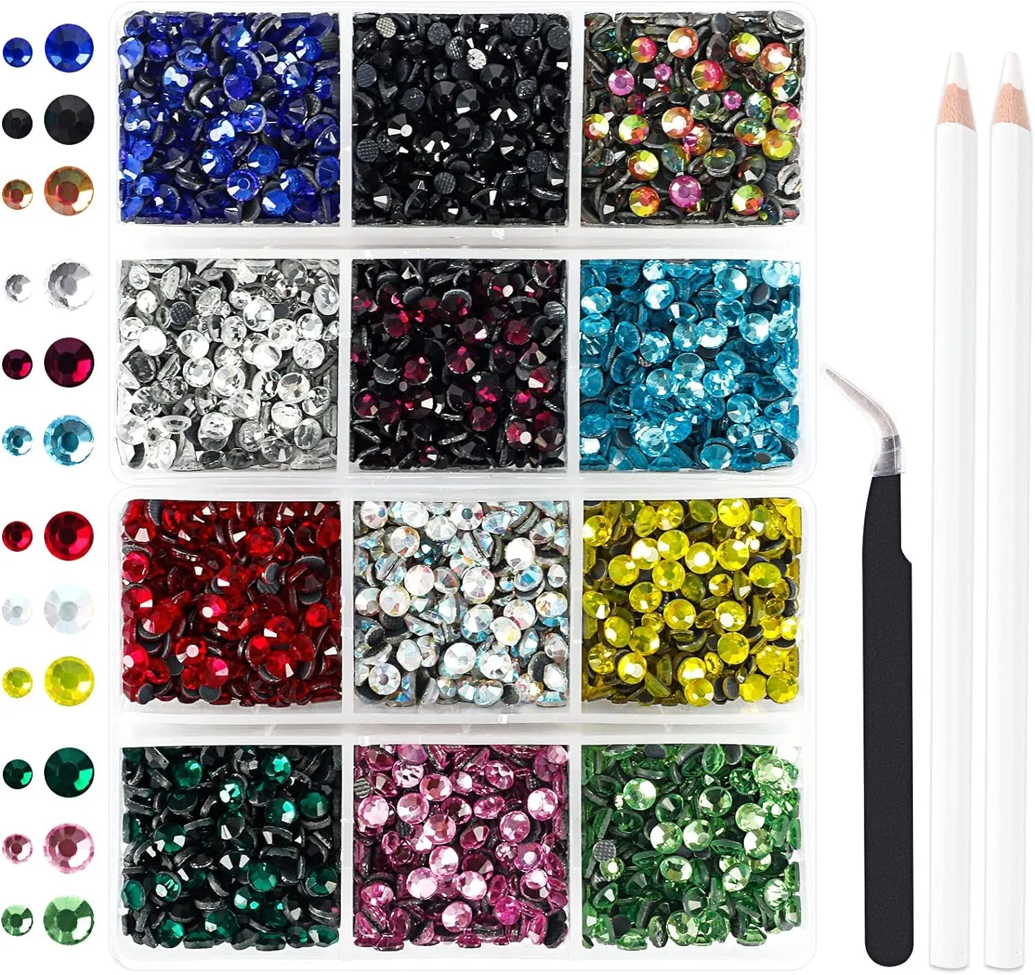 5400Pcs Multicolor Rhinestones 12 Mixed Color Hotfix Rhinestones Flatback Gemstones and Crystals for Halloween Costume Accessories, Crafts with Tweezers and 2 Picking Pens