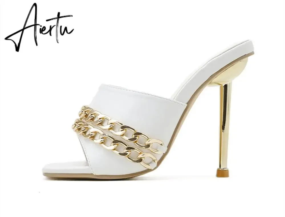 Aiertu Ins style Chains Transparent PVC Women Slippers Fashion Square toe stiletto High heels Mules Sandals Summer Female Slides Shoes
