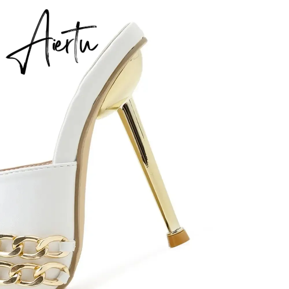 Aiertu Ins style Chains Transparent PVC Women Slippers Fashion Square toe stiletto High heels Mules Sandals Summer Female Slides Shoes