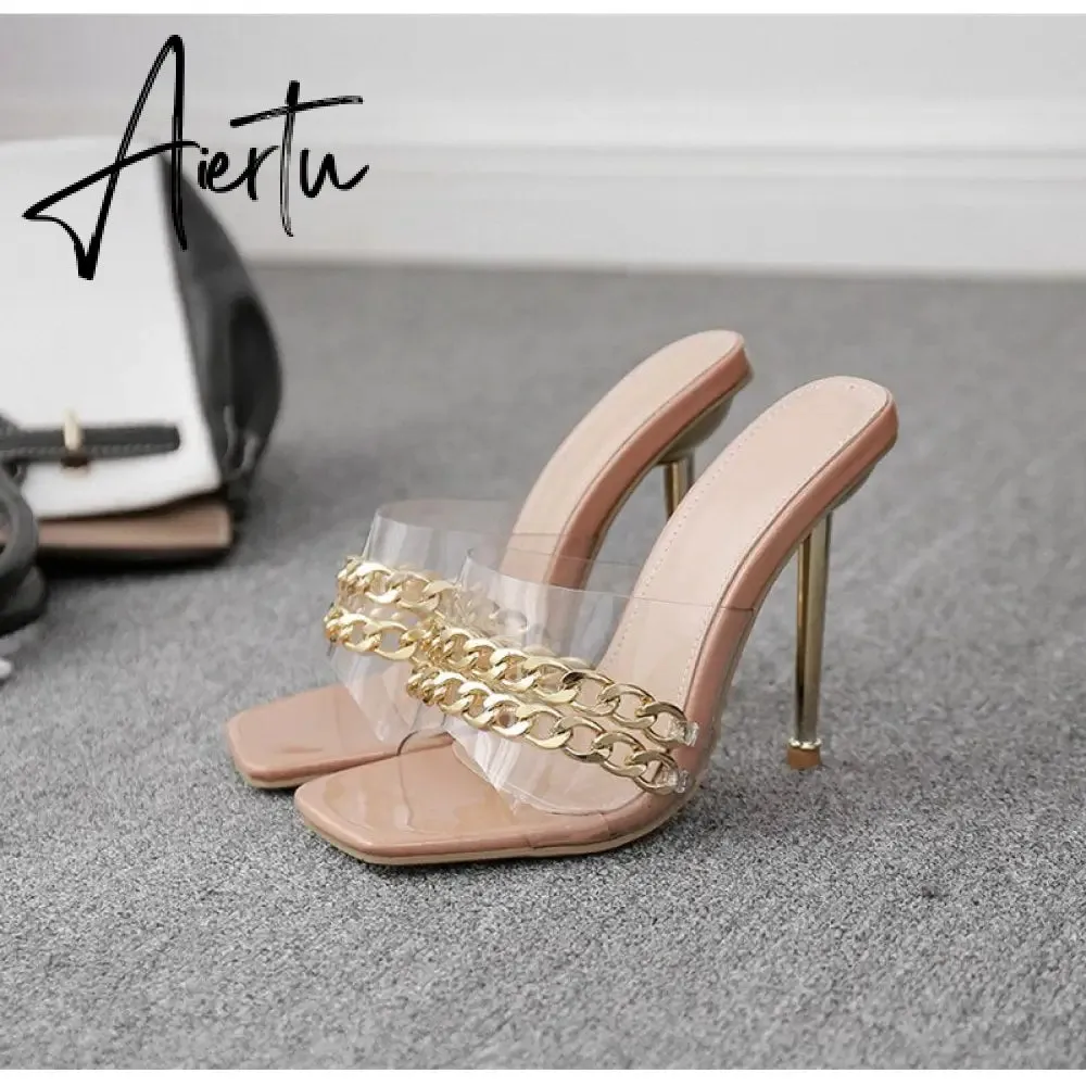 Aiertu Ins style Chains Transparent PVC Women Slippers Fashion Square toe stiletto High heels Mules Sandals Summer Female Slides Shoes