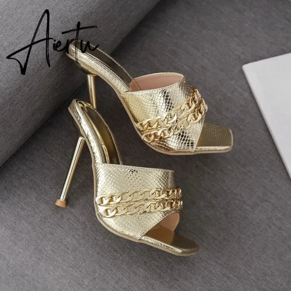 Aiertu Ins style Chains Transparent PVC Women Slippers Fashion Square toe stiletto High heels Mules Sandals Summer Female Slides Shoes