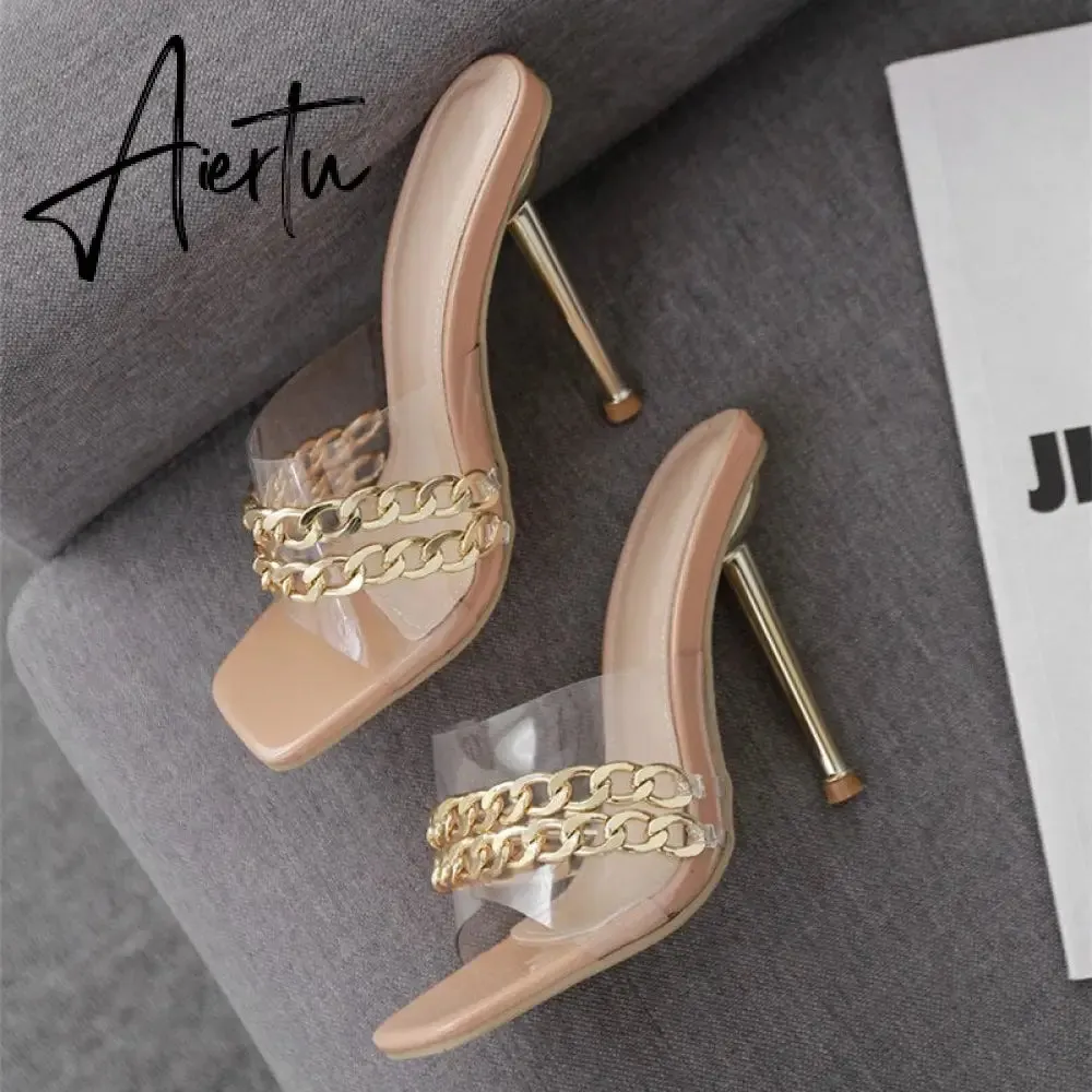 Aiertu Ins style Chains Transparent PVC Women Slippers Fashion Square toe stiletto High heels Mules Sandals Summer Female Slides Shoes