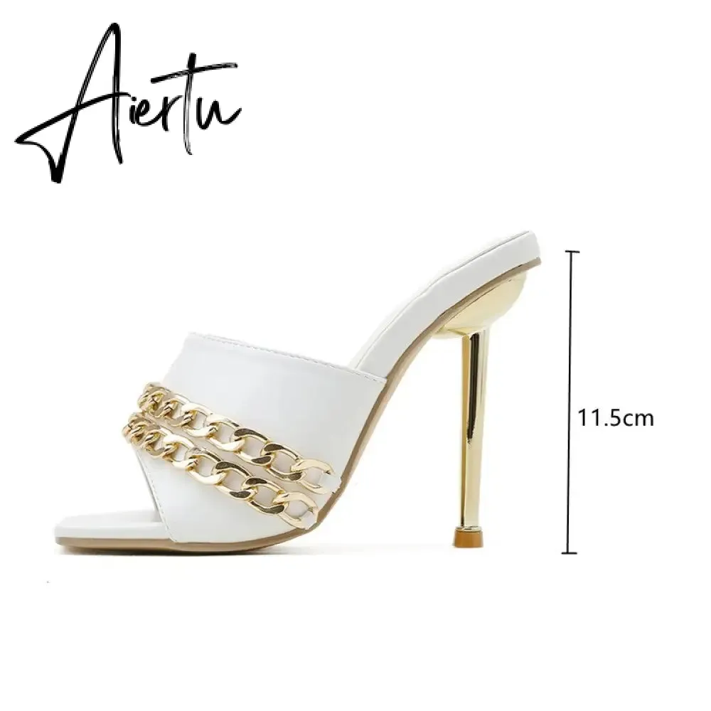 Aiertu Ins style Chains Transparent PVC Women Slippers Fashion Square toe stiletto High heels Mules Sandals Summer Female Slides Shoes