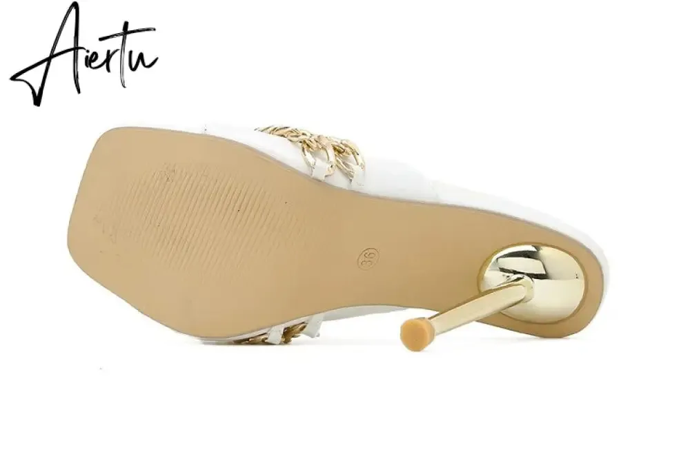 Aiertu Ins style Chains Transparent PVC Women Slippers Fashion Square toe stiletto High heels Mules Sandals Summer Female Slides Shoes