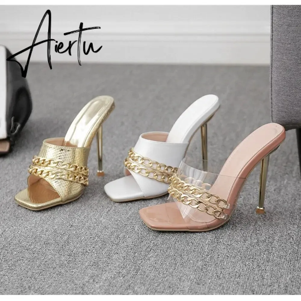 Aiertu Ins style Chains Transparent PVC Women Slippers Fashion Square toe stiletto High heels Mules Sandals Summer Female Slides Shoes