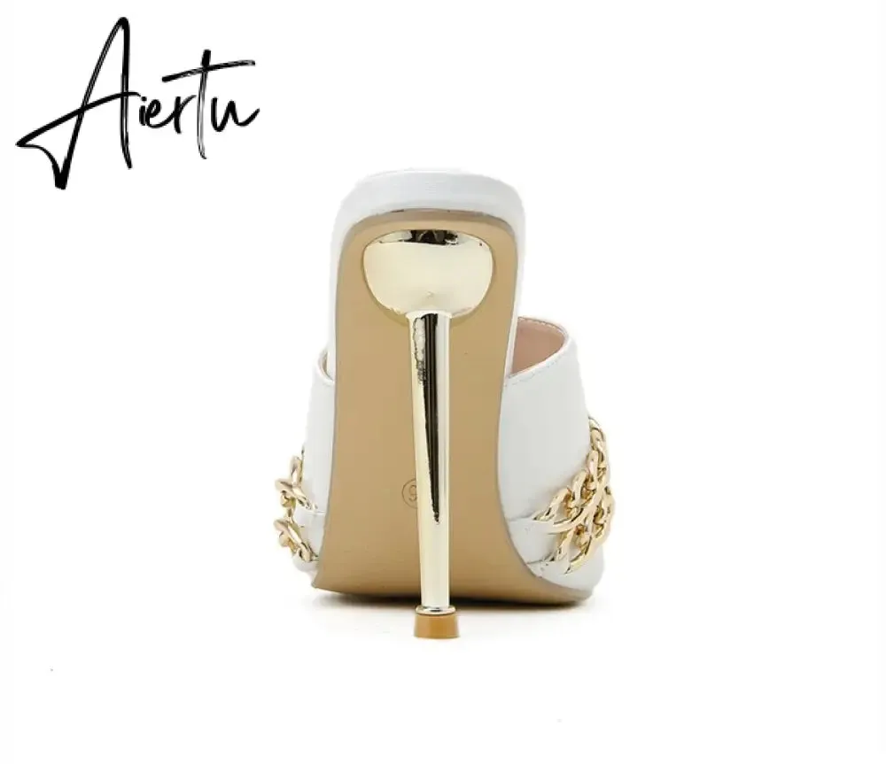 Aiertu Ins style Chains Transparent PVC Women Slippers Fashion Square toe stiletto High heels Mules Sandals Summer Female Slides Shoes