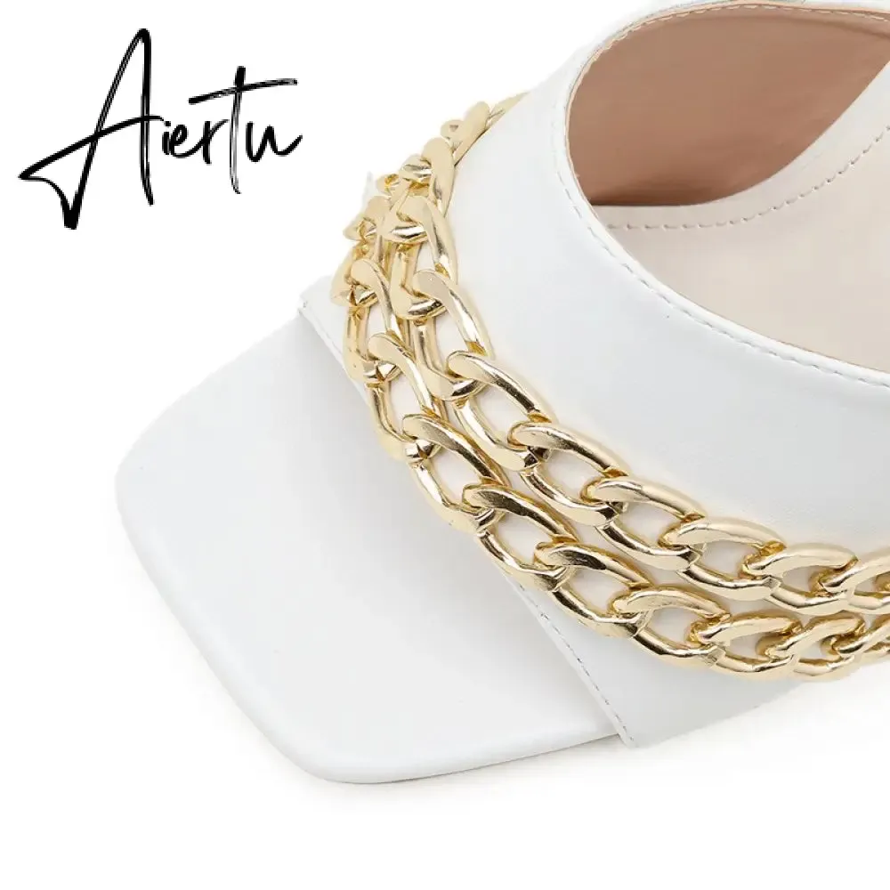 Aiertu Ins style Chains Transparent PVC Women Slippers Fashion Square toe stiletto High heels Mules Sandals Summer Female Slides Shoes