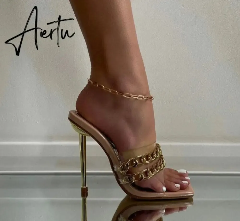 Aiertu Ins style Chains Transparent PVC Women Slippers Fashion Square toe stiletto High heels Mules Sandals Summer Female Slides Shoes