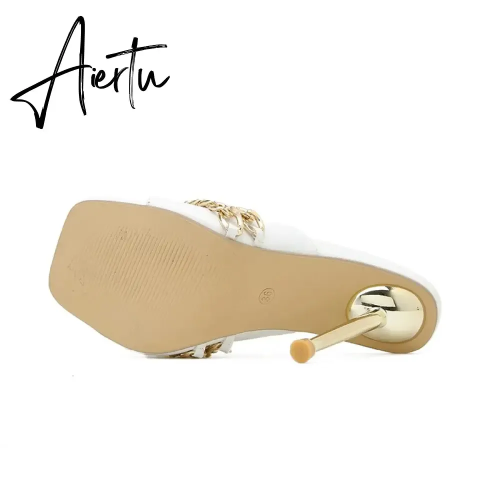 Aiertu Ins style Chains Transparent PVC Women Slippers Fashion Square toe stiletto High heels Mules Sandals Summer Female Slides Shoes