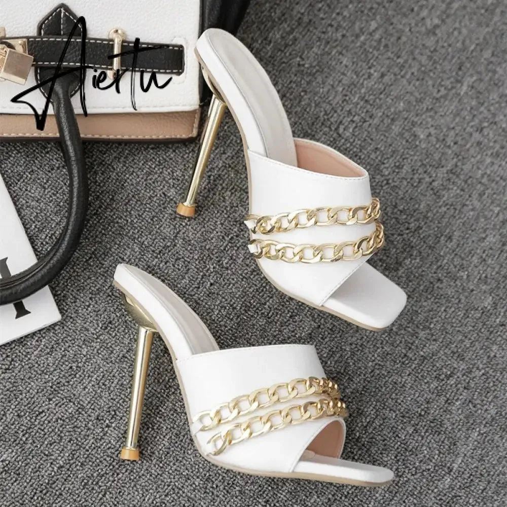 Aiertu Ins style Chains Transparent PVC Women Slippers Fashion Square toe stiletto High heels Mules Sandals Summer Female Slides Shoes