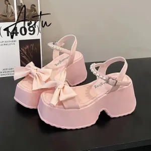 Aiertu Korean Version Bowknot Margarite Thick Bottom Roman Sandals  New Fashion Casual All-match Solid Color Heels Women Summertime