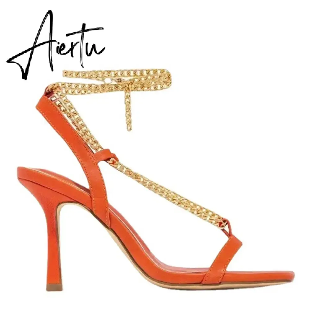 Aiertu Sexy Women Shoes High Heels Sandals Metal Chain Open Toe Stilettos Ladies Basic Buckle Strap Sandals Party Pumps Female Footwear