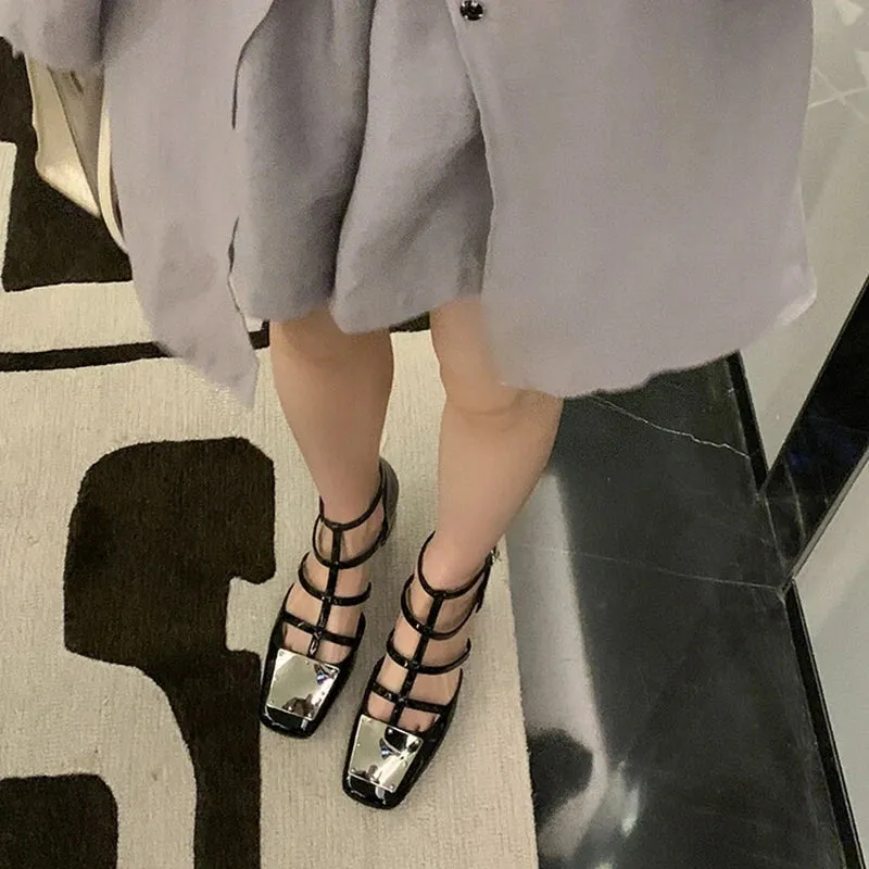 Aiertu Summer Sandals Women Square Toe Cover Heel Gladiator Modern Sandals Split Leather Chunky Heel High Heels Roman Women Shoes