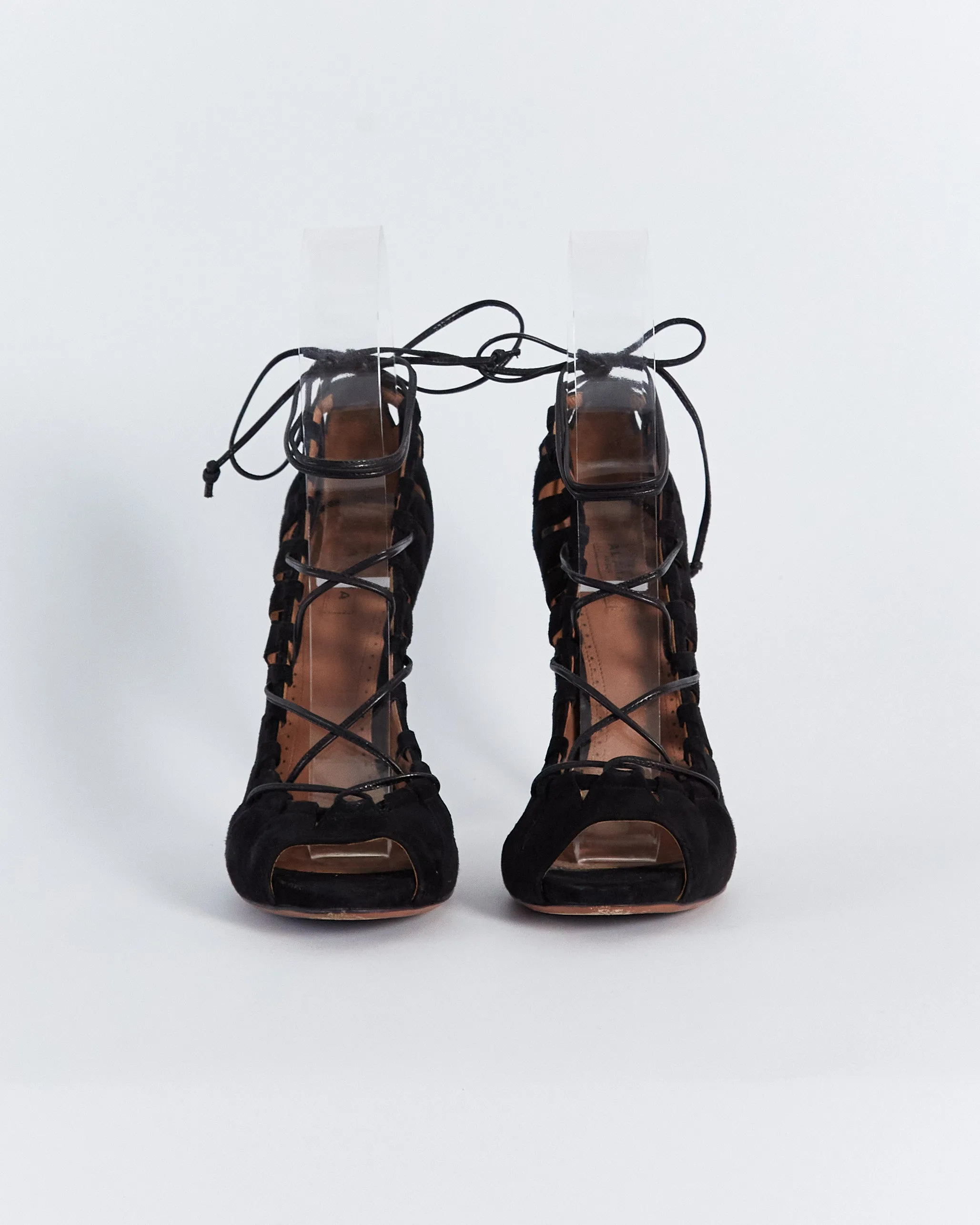 Alaïa lace up cutout suede stilettos, black, 40.5