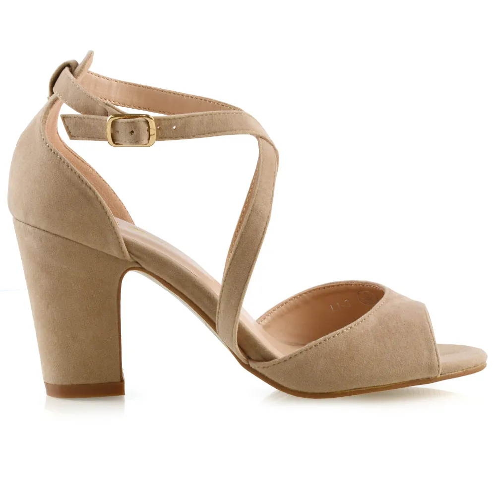 ALICE STRAPPY PEEP TOE MID BLOCK HIGH HEEL SANDAL SHOES IN NUDE FAUX SUEDE