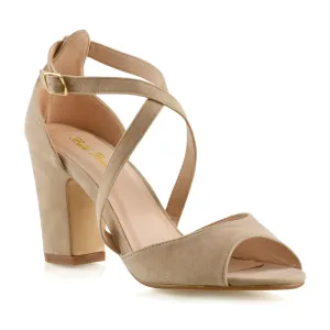 ALICE STRAPPY PEEP TOE MID BLOCK HIGH HEEL SANDAL SHOES IN NUDE FAUX SUEDE