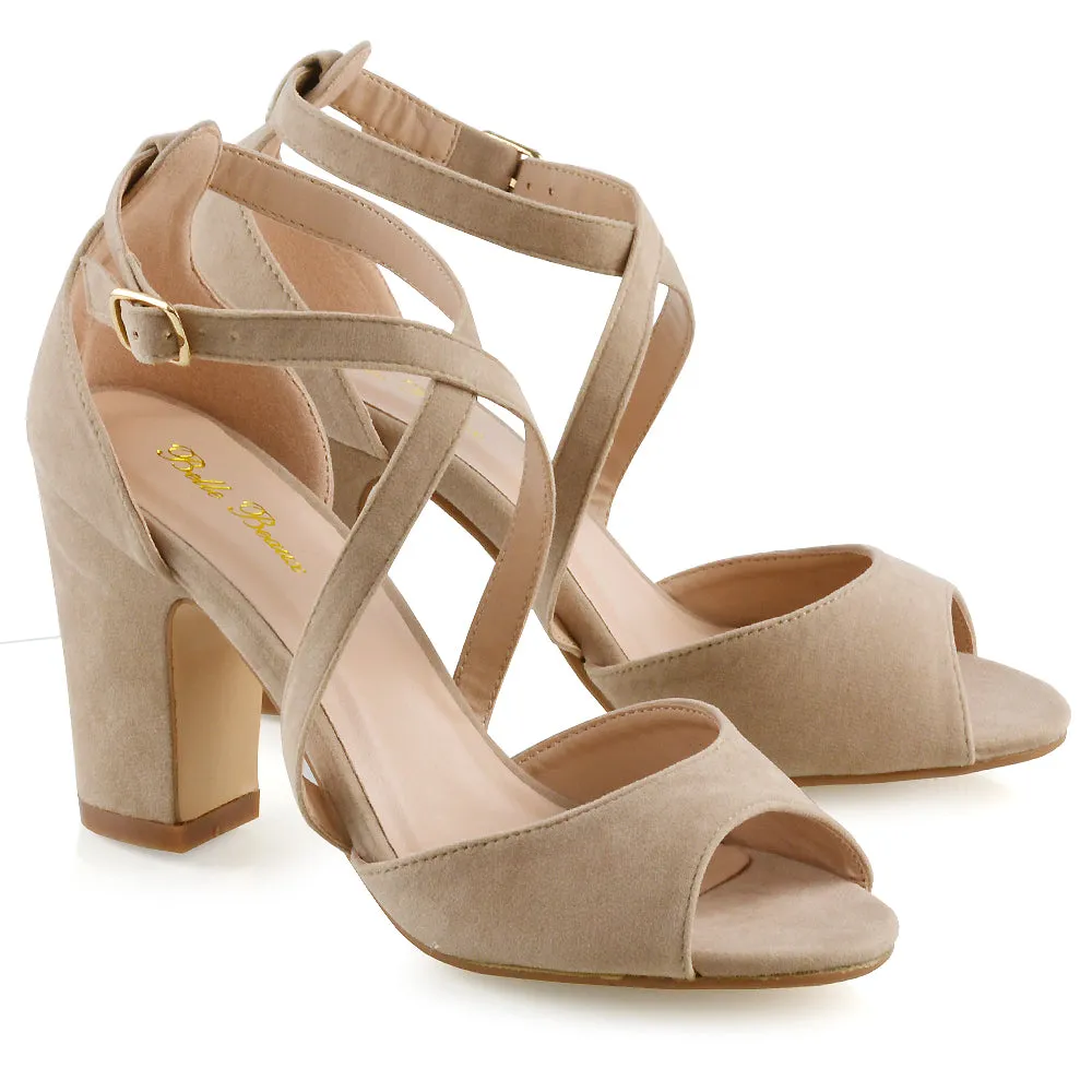 ALICE STRAPPY PEEP TOE MID BLOCK HIGH HEEL SANDAL SHOES IN NUDE FAUX SUEDE