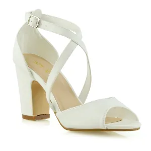 ALICE STRAPPY PEEP TOE MID BLOCK HIGH HEEL SANDAL SHOES IN WHITE SYNTHETIC LEATHER