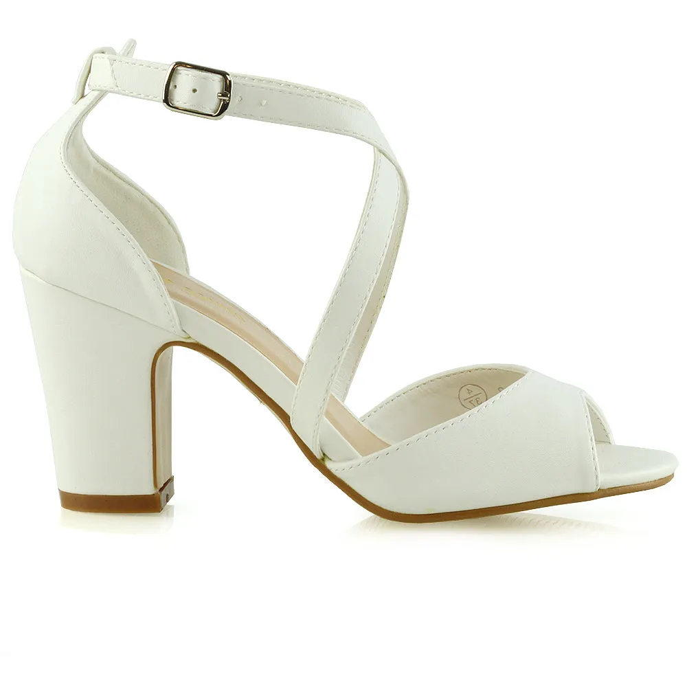 ALICE STRAPPY PEEP TOE MID BLOCK HIGH HEEL SANDAL SHOES IN WHITE SYNTHETIC LEATHER
