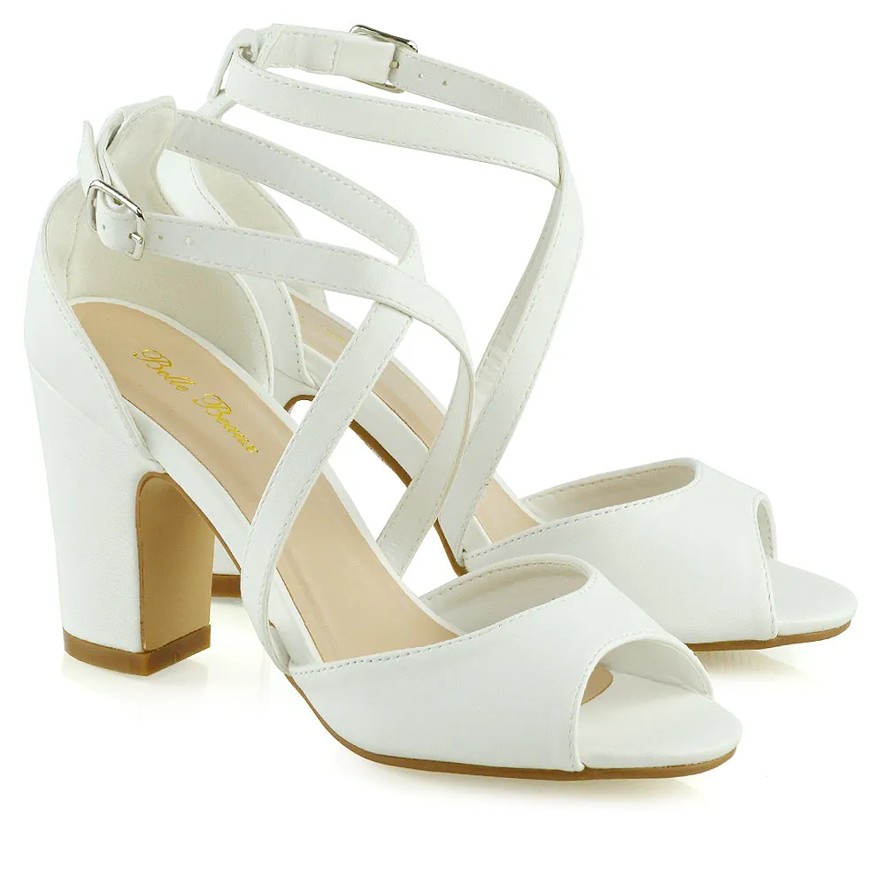 ALICE STRAPPY PEEP TOE MID BLOCK HIGH HEEL SANDAL SHOES IN WHITE SYNTHETIC LEATHER