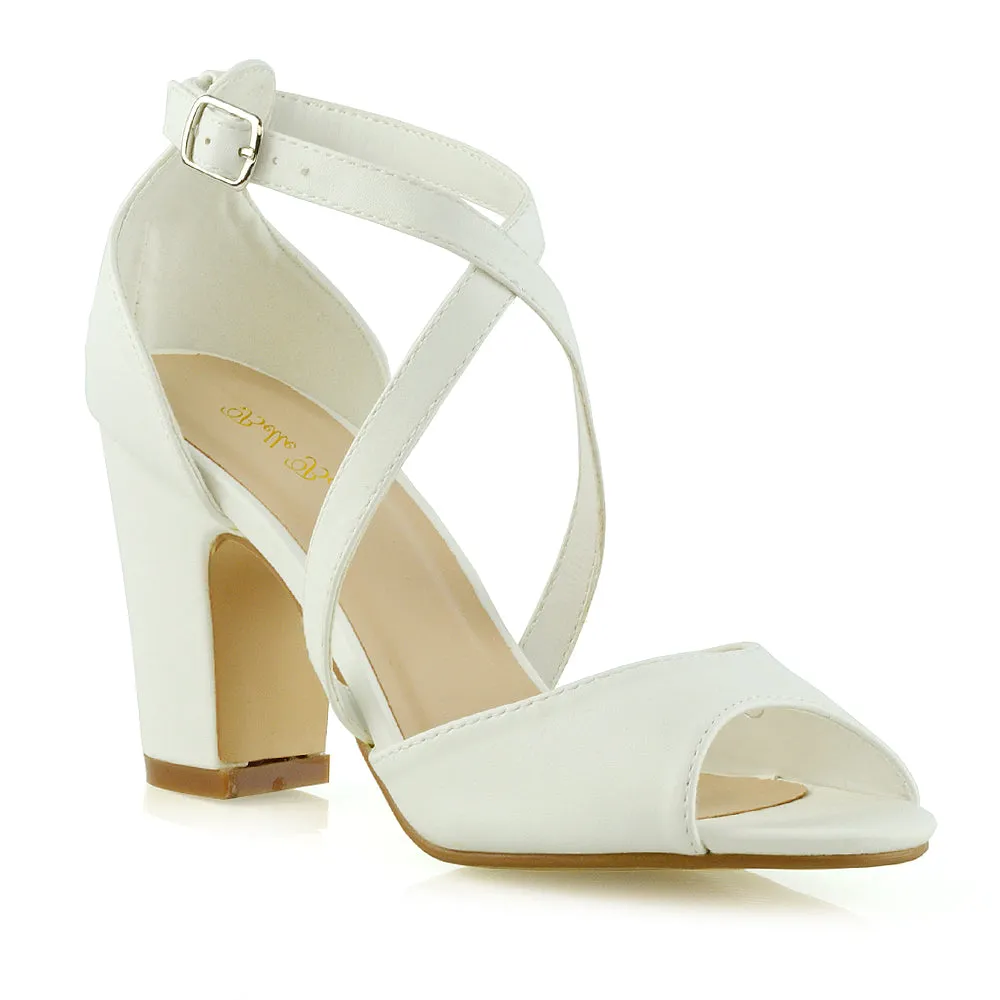 ALICE STRAPPY PEEP TOE MID BLOCK HIGH HEEL SANDAL SHOES IN WHITE SYNTHETIC LEATHER
