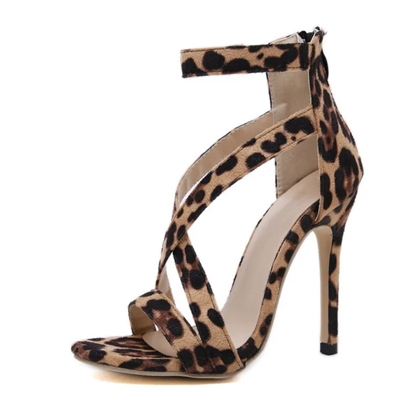 Amozae-Aomzae Summer Fashion Leopard grain Party   Open-toed Thin heels Sandals Elegant Buckle Strap Lady Pumps Sandals size 35-40