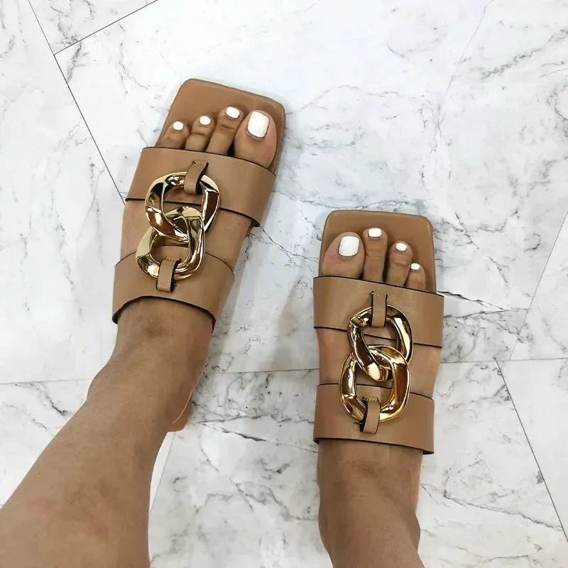 AMOZAE- - Summer Leather Slides Square Toe Sandals for Women