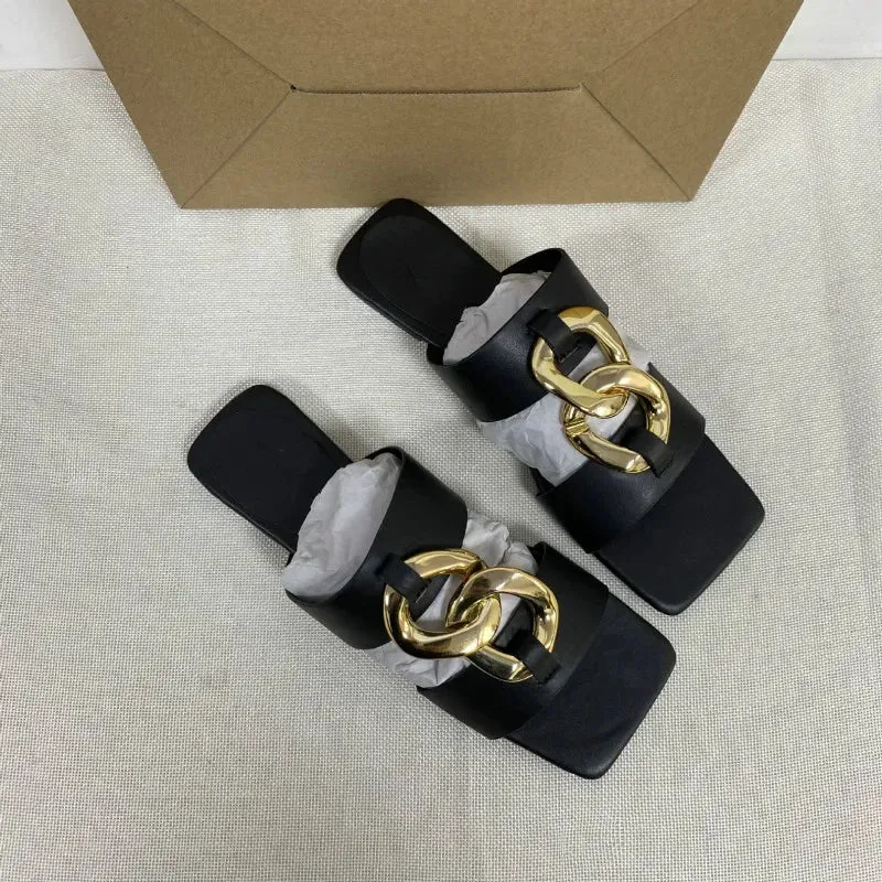 AMOZAE- - Summer Leather Slides Square Toe Sandals for Women