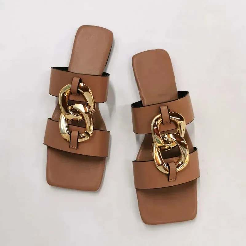 AMOZAE- - Summer Leather Slides Square Toe Sandals for Women