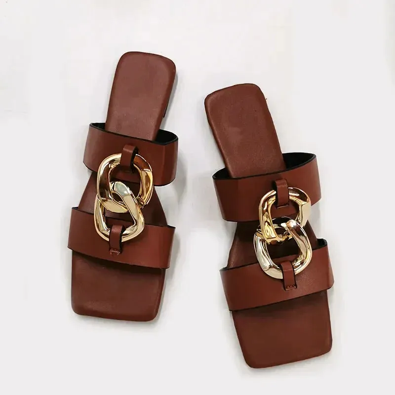 AMOZAE- - Summer Leather Slides Square Toe Sandals for Women