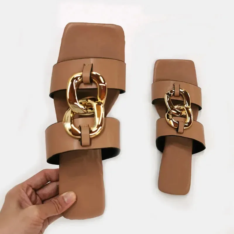 AMOZAE- - Summer Leather Slides Square Toe Sandals for Women