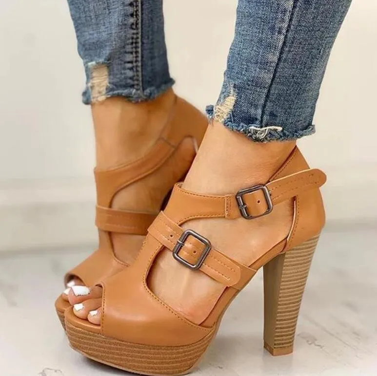 Amozae- Summer Women Shoes Fashion High Heel Shoes Sandals Peep Toe Platform Pumps Buckle Pumps Shoes Office