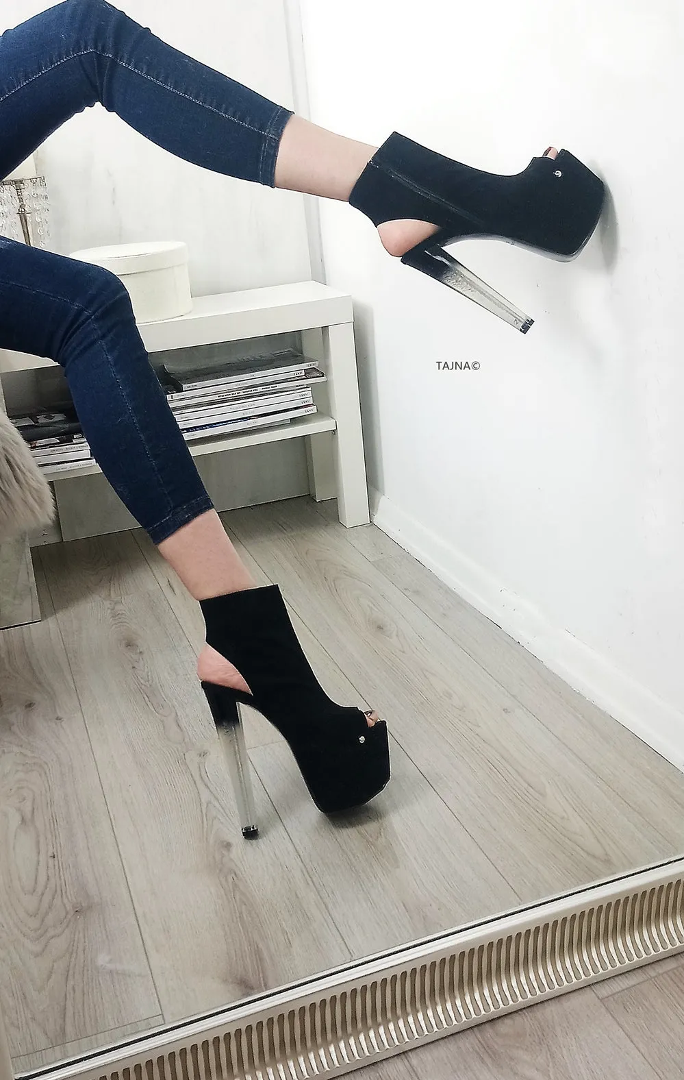 Ankle Glassy Heels Black Open Back