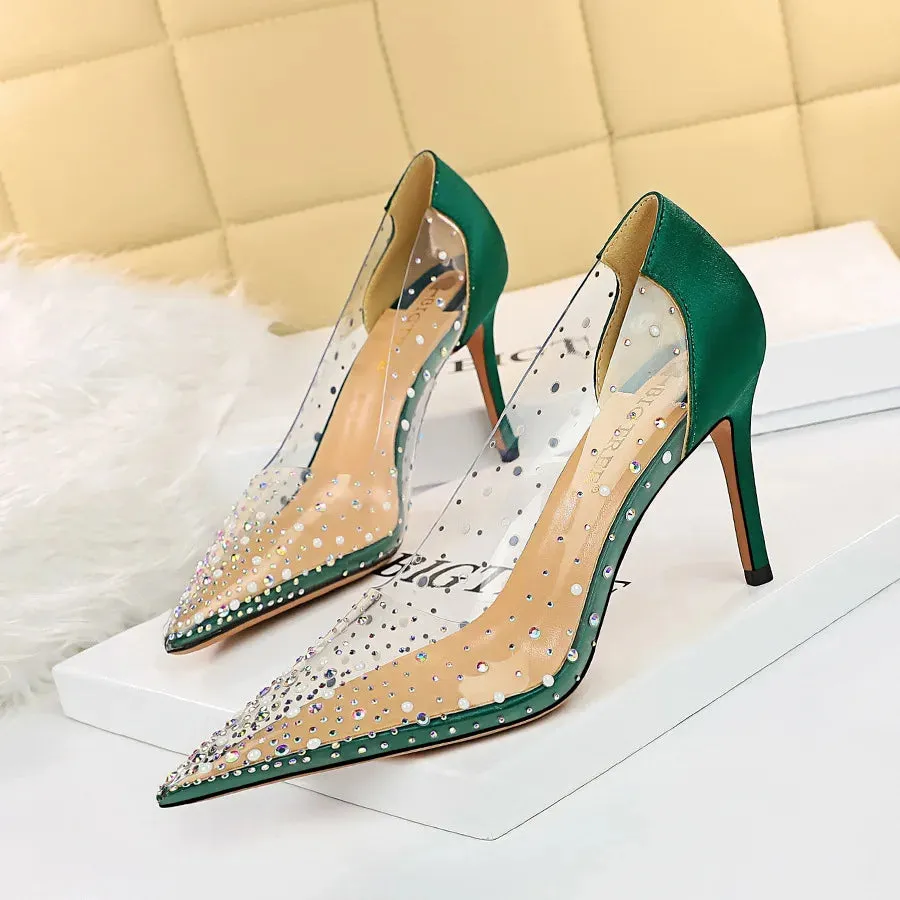 arwen & ajh group  مجموعة اروين Korean Style Transparent Women Heels Stilettos Shallow Point Toe Bling Rhinestone hollow out Female Heels