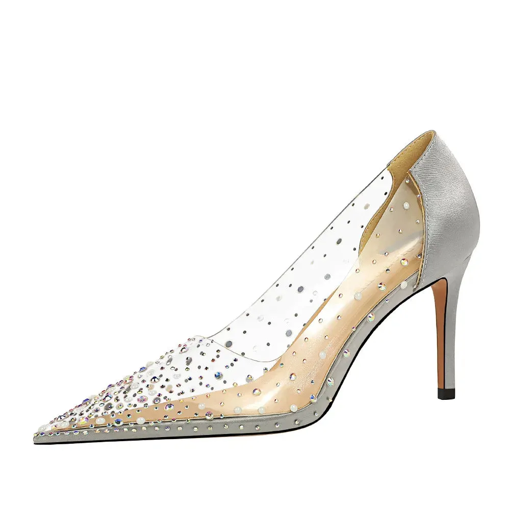arwen & ajh group  مجموعة اروين Korean Style Transparent Women Heels Stilettos Shallow Point Toe Bling Rhinestone hollow out Female Heels