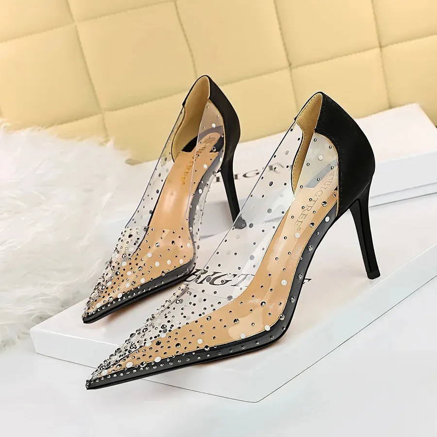 arwen & ajh group  مجموعة اروين Korean Style Transparent Women Heels Stilettos Shallow Point Toe Bling Rhinestone hollow out Female Heels
