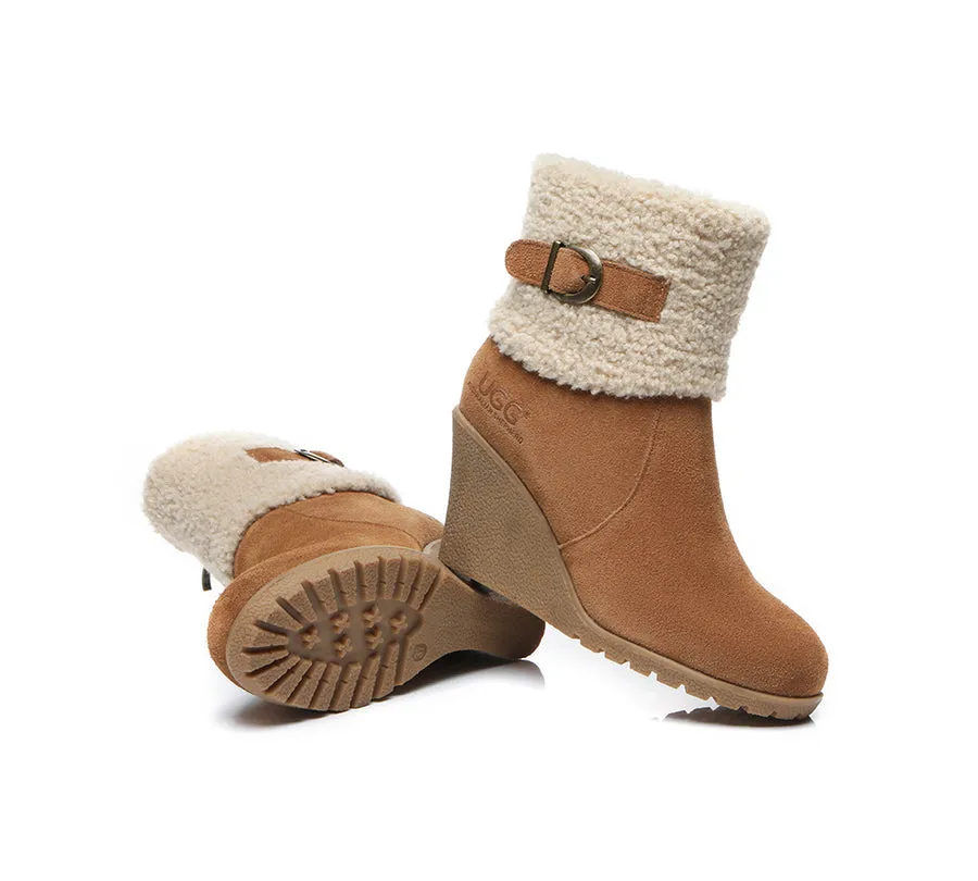 Australian Shepherd Zipper Sheepskin Shearling Wedge Fashion Boots Women Joanna
