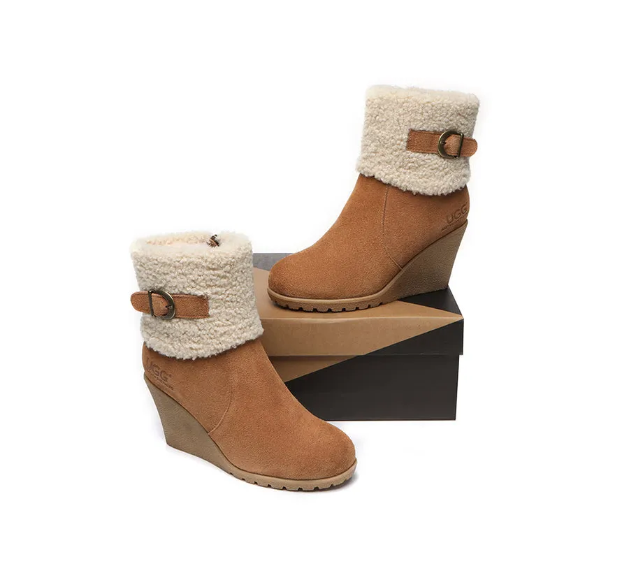 Australian Shepherd Zipper Sheepskin Shearling Wedge Fashion Boots Women Joanna